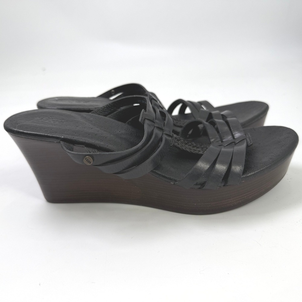 UGG Mattie Wedge Sandals Women 9 Black Leather Festival Chic Boho Summer